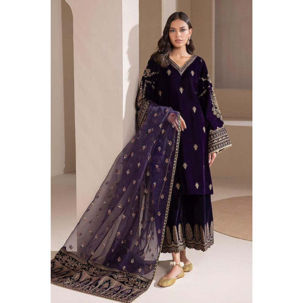 Baroque Velvet Micron Embroidered 3-Piece Suit – Purple Winter Collection ❄️