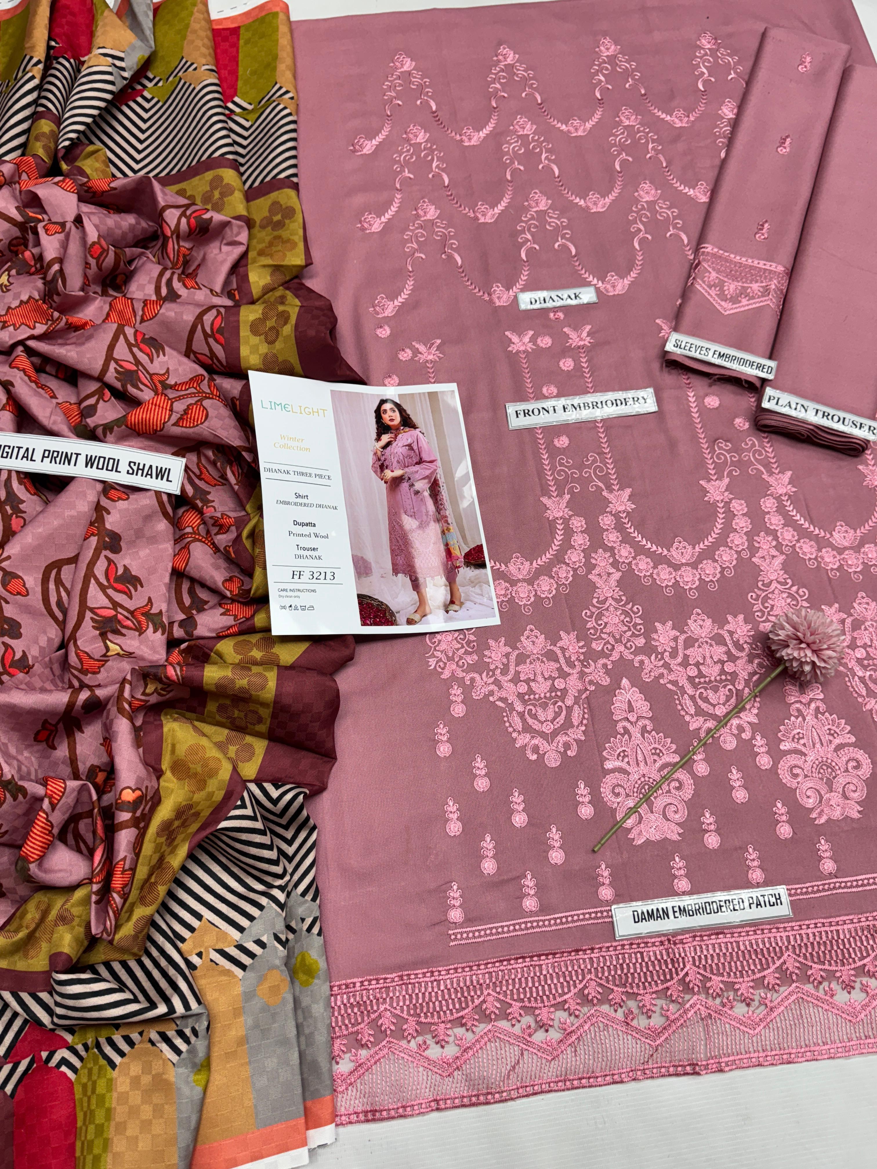 Airjet Dhanak 3-Piece Embroidered Suit with Wool Shawl