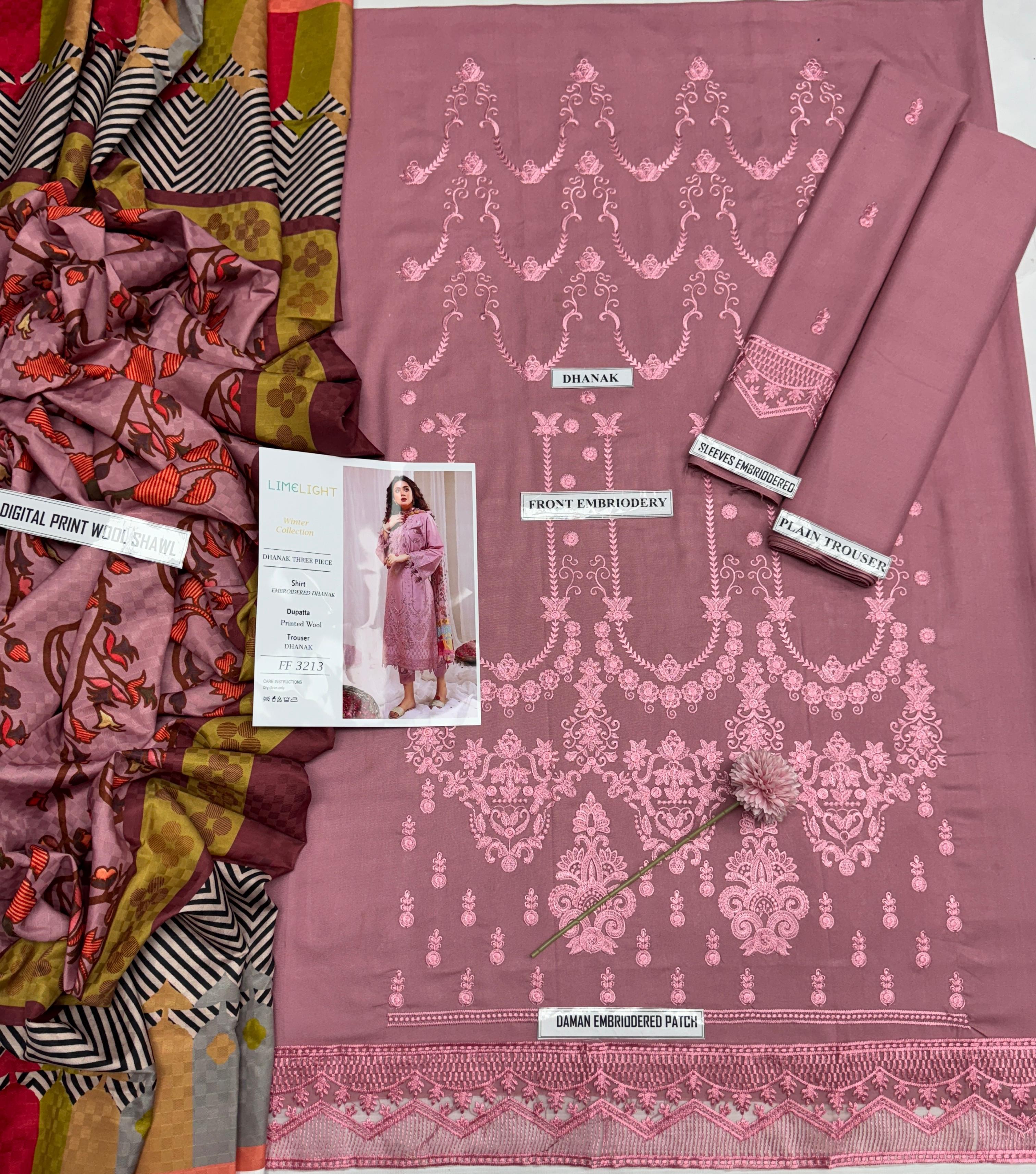 Airjet Dhanak 3-Piece Embroidered Suit with Wool Shawl