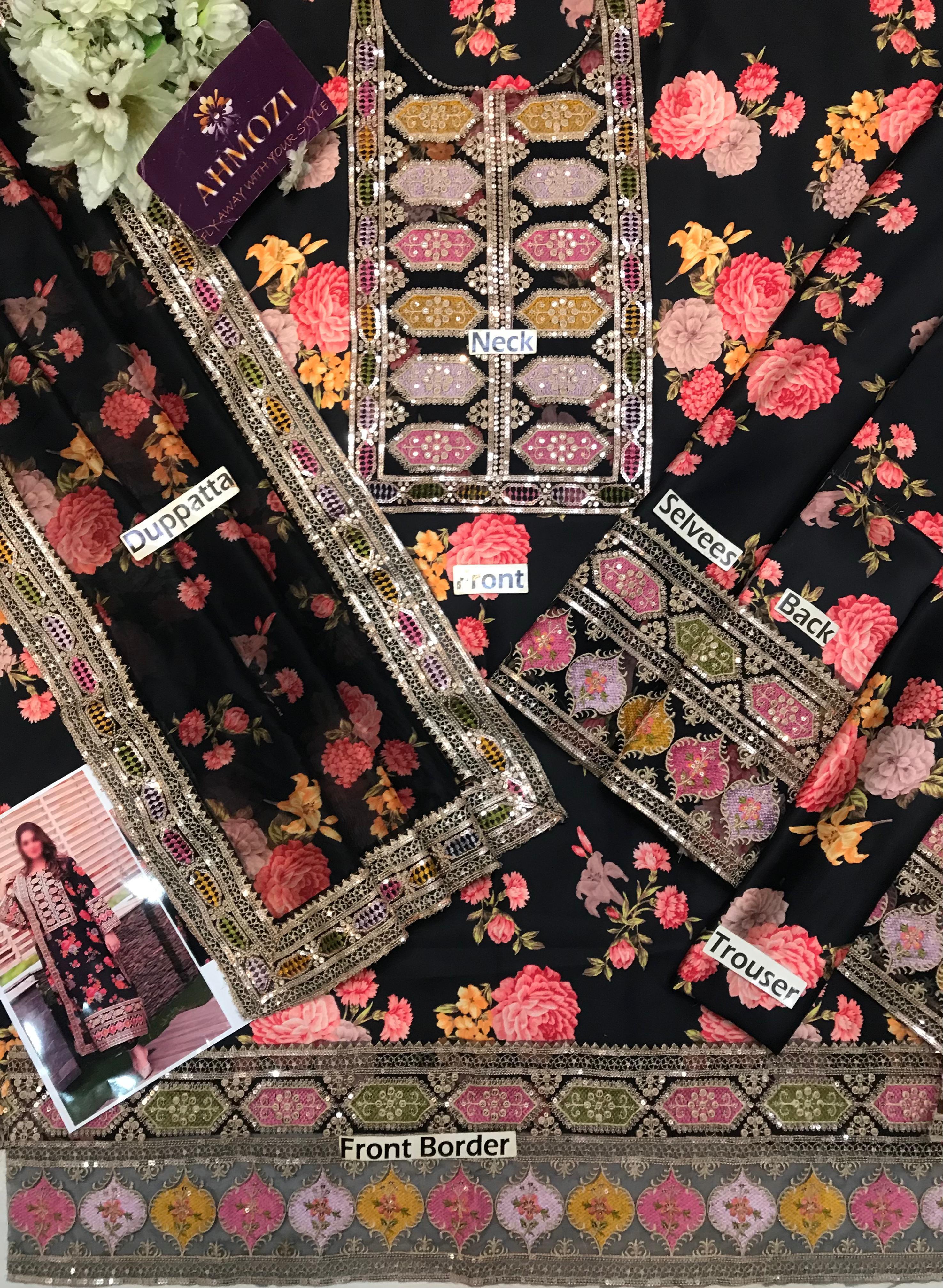 Ahmozi Digital Printed Shamoz Silk Unstitched 3-Piece Suit