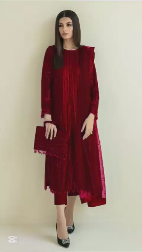 Load video: Baroque Luxury Semi Pure Chiffon Embroidered Dress